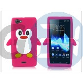 Sony xperia j (st26i) szilikon hátlap - 3d pinguin - pink PT-1424